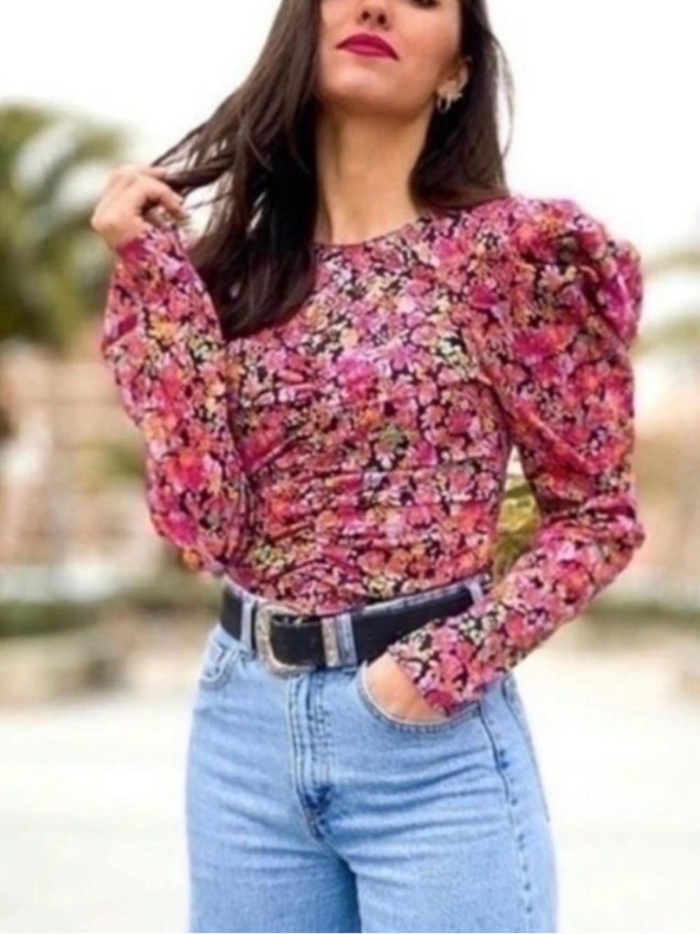 Zara Floral Poplin Puff-Sleeve Top - Dark Pink Size S